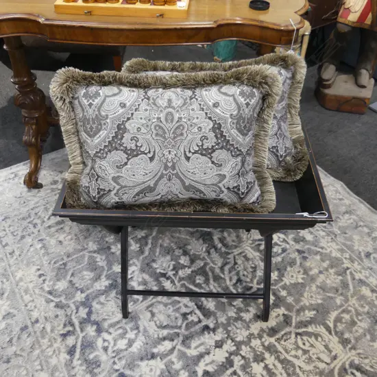 FOLDING TRAY TABLE 600x450x570mm & 2 GREY CUSHIONS