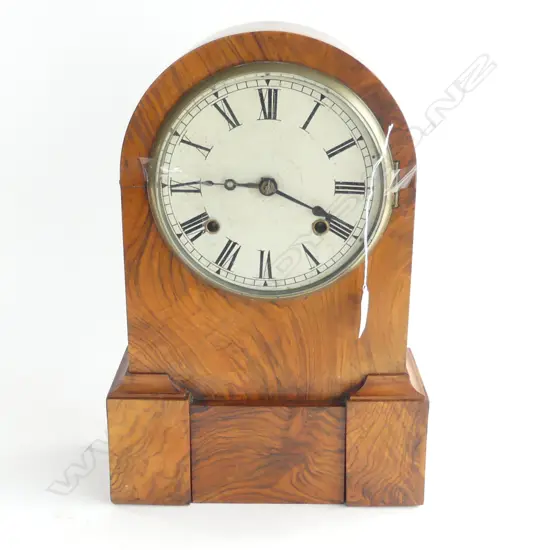 ARCHED SHAPED WALNUT MANTEL CLOCK WITH INTERESTING OPENING FRONT FLAP. H.380mm
