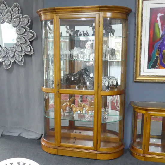 TALL MODERN QUALITY DISPLAY CABINET 1 full length DOOR w curved glass side panels 1980 x 1400mm wood frame. Adjustable..