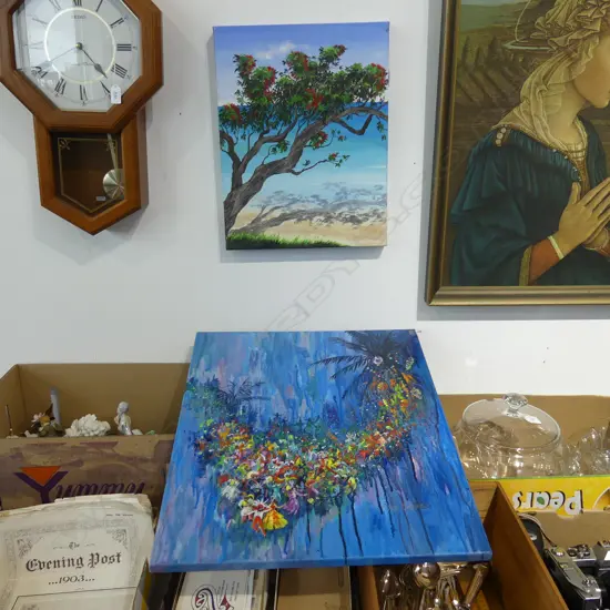 2 ACRYLIC ON CANVAS ARTWORKS; VAL STOKES 600x500mm & BEACH POHUTUKAWA