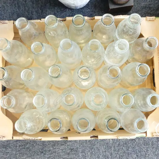 28 VINTAGE GLASS MILK BOTTLES PINT 600ML SIZE, H.210MM  