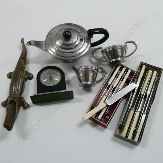 2 SETS OF 6 IVORINE 'BONE' HANDLED KNIVES, BRASS CROCODILE L.340mm, 3 PCE PEWTER TEA SET, THERMODIAL