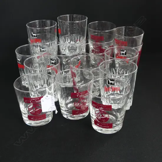 18 VINTAGE SCOTCH WHISKY GLASSES, WHITE HORSE/McCALLUMS, H.85-90mm