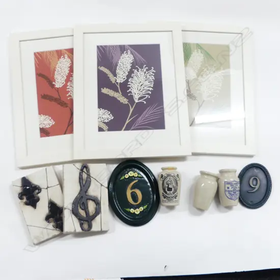 3 FLORAL PRINTS 295x210mm, 2 PLAQUES, 3 JARS, 2 METAL HOUSE NUMBERS