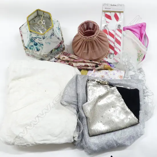 ASST. FABRICS, CUSHION COVERS, LAMP SHADES, ANTIQUE KEWPIE UMBRELLA ETC IN WHITE CANE BASKET