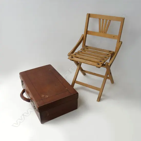 VINTAGE LEATHER SUITCASE 'E.E' W.460mm, CHILDS WOODEN FOLDING CHAIR