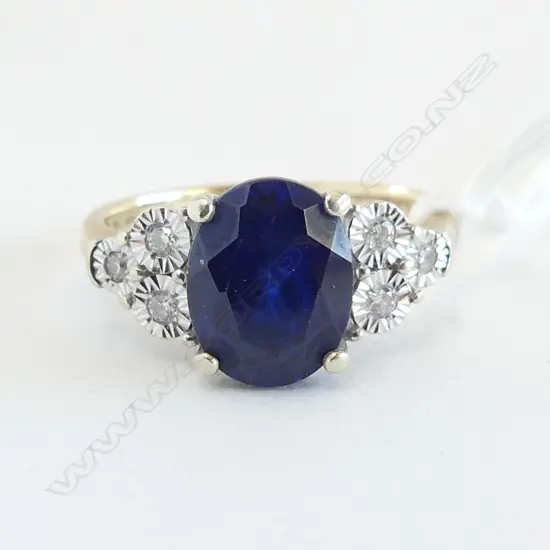 10ct Y/GOLD DIAMOND & FAUX LGE SAPPHIRE RING 3.3gms SIZE N 1/2