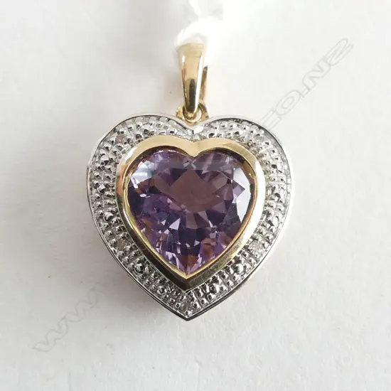 9CT YG AMETHYST & DIAMOND HEART PENDANT 3.8gms