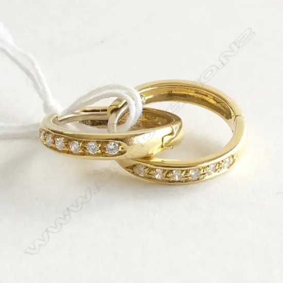 Pair 18ct YELLOW GOLD & 6 DIAMONDS EACH HOOP EARRINGS 4.8gms