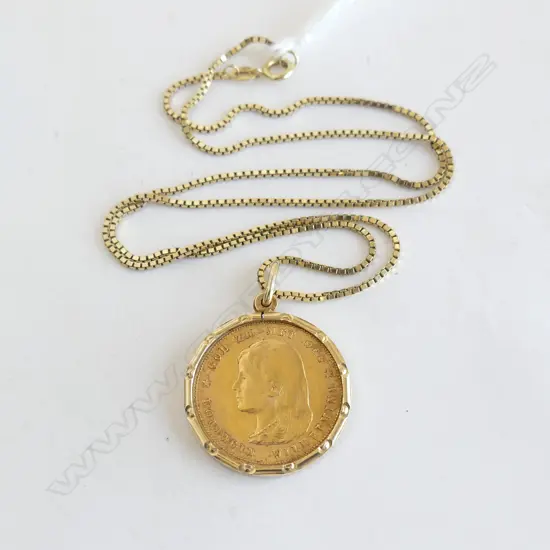 DUTCH 1897 10 Gulden GOLD COIN (90% gold 6.729gms) in/on 14ct GOLD MOUNT & CHAIN total weight 13.1gms