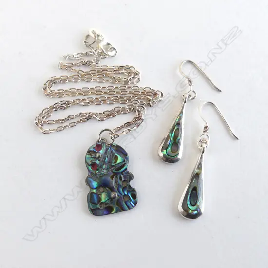 TIKI PENDANT ON SILVER CHAIN & PR SILVER BACKED PAUA EARRINGS