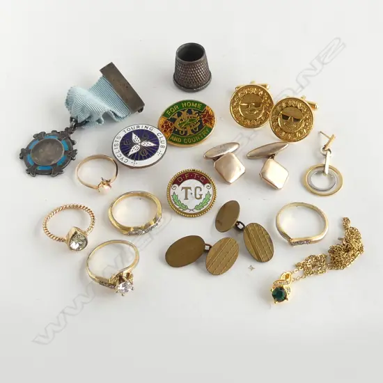 COLLECTION BADGES, CUFFLINKS & GOLD PLATE RINGS ETC