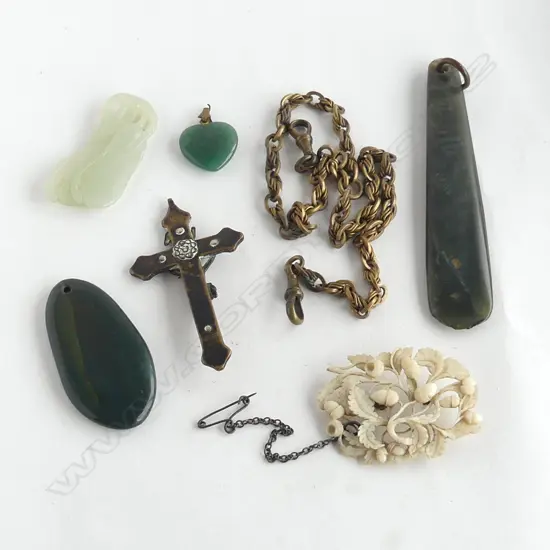 ASST. JEWELLERY; 3 GREENSTONE & 1 BLOODSTONE PENDANTS L.105mm, GP CHAIN, IVORY BROOCH, CRUCIFIX