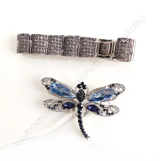 925 SILVER & MARCASITE BRACELET + MODERN COSTUME DRAGONFLY BROOCH W.60mm