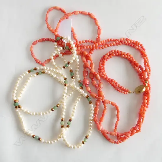 2 NECKLACES; RED DYED CORAL?, SEED PEARL