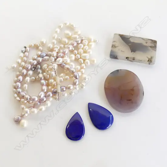 2 PCS MOSS AGATE 2PCS TEAR SHAPED LAPIS LUZIA & SMALL BAG OF FRESH WATER PEARLS NEED RETHREADING