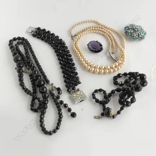 TWO FRENCH GLASS NECKLACES AND BRACELET (faulted)/FAUX PEARL NECKLACE/COSTUME BEAD BROOCH & PURPLE GLASS BROOCH