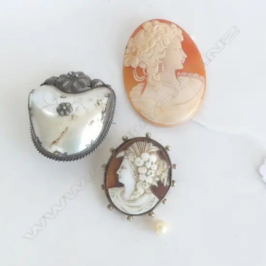 2 CAMEOS 60x45mm + SILVER? & MoP BROOCH