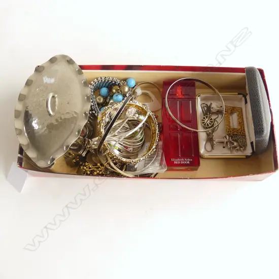 TRAY COSTUME BRACELETS, PR CUFFLINKS, METAL TRINKET BOX & ELIZABETH ARDEN RED DOOR