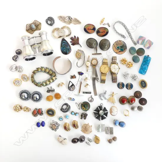 ASST. COSTUME JEWELLERY; EARRINGS, WATCHES, MoP OPERA GLASSES ETC