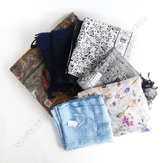 6 ASST. SCARVES/SHAWLS, SILK & CASHMERE (2 with tiny holes)