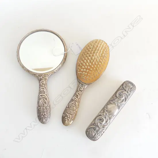 3 PCE STG SILVER DRESSING SET; HAND MIRROR, 2 BRUSHES, B'HAM 1976