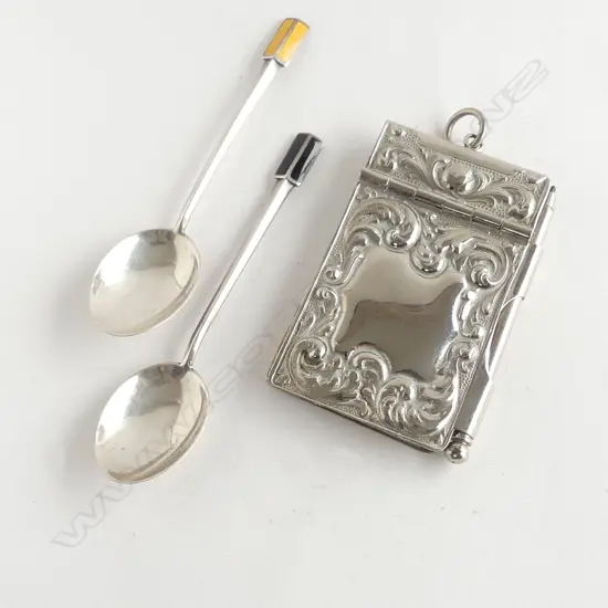 EDWARDIAN SILVER PLATE NOTEBOOK/2 SILVER COFFEE SPOONS