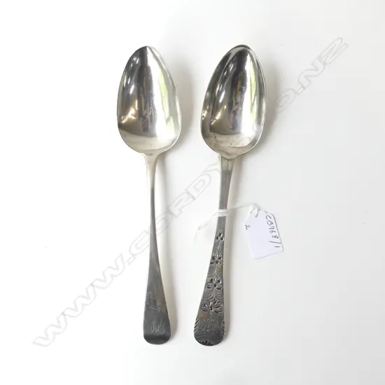 TWO STG SILVER TABLESPOONS GEO III LONDON 1815, & LONDON 1843, 136gms, L.225MM