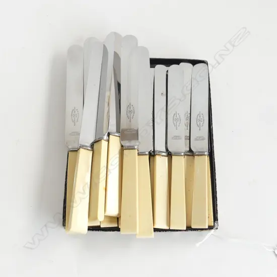 21 IVORINE 'BONE' HANDLED KNIVES; 9 L.245mm, 12 L.205mm