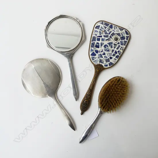 2 STG SILVER HAND MIRRORS + BRUSH + 1 OTHER