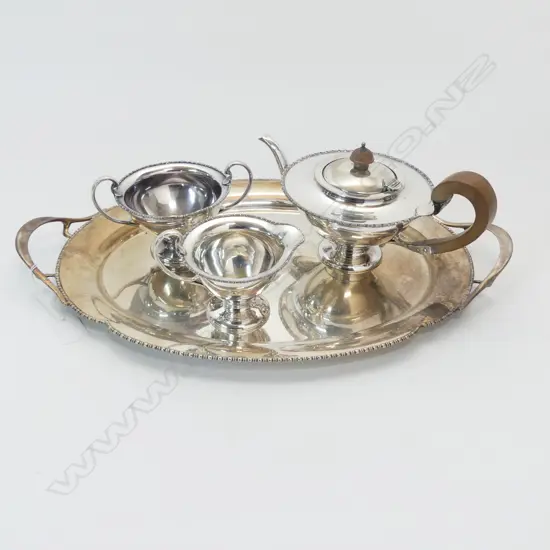 3 PCE SILVER PLATE TEA SET + TRAY 490x310mm