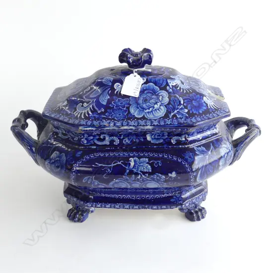 LG VINTAGE BLUE TUREEN, LID REPAIRED W.380mm