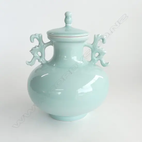 CHINESE 2 HANDLED LIDDED CELODON VASE  H280MM