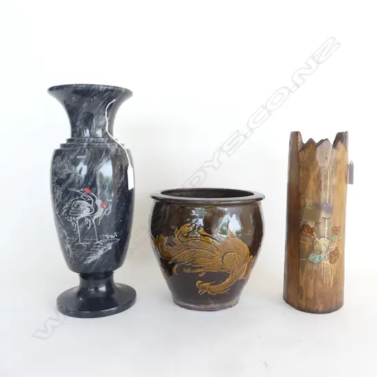 VINTAGE CHINESE ETCHED MARBLE/ONYX VASE H.320mm, FLOWER POT w DRAGON MOTIF H.180mm & CARVED BAMBOO VASE H.270mm