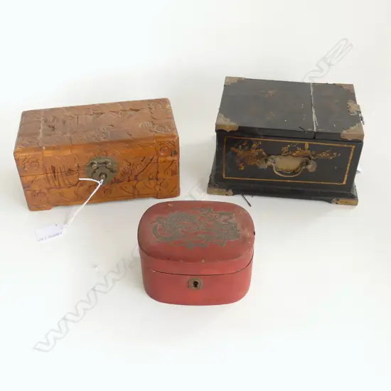 3 VINTAGE ORIENTAL BOXES; MINI CAMPHOR, BLACK LACQUER w. MIRROR TOP, RED