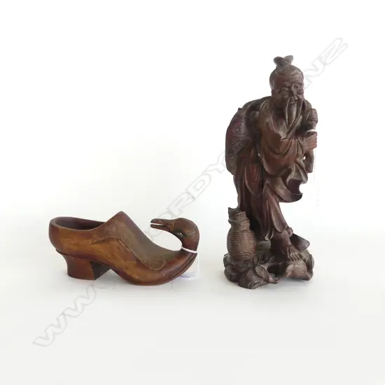 2 OLD WOOD CARVINGS: CHINESE FISHERMAN + DUTCH? BIRD CLOG