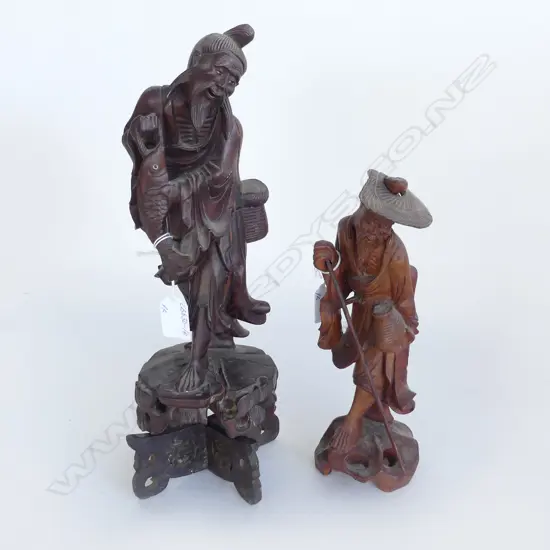 PR VINTAGE CARVED WOODEN CHINESE FIGURES, 1 ON STAND H.370mm FISHERMAN H.270mm 