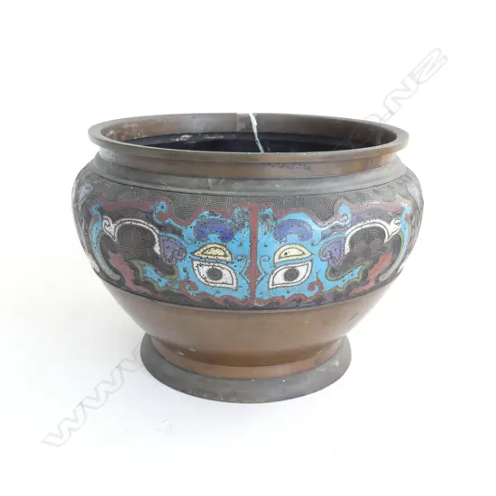 ORIENTAL CHAMPLEVE ENAMEL JARDINERE w TAO TIE MASK MOTIFS H.200mm dia.230mm (minor faults to enamel)