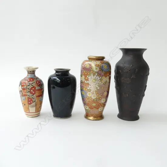 4 VINTAGE JAPANESE VASES, BRONZED METAL, BLACK CLOISONNE & 2 SATSUMAS