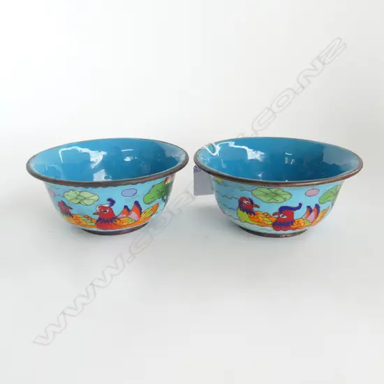 PR CHINESE CLOISONNE BOWLS blue w water fowl Dia.130mm