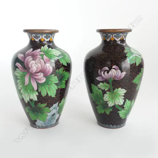 PR CHINESE CLOISONNE VASES black ground w florals & butterflies H.