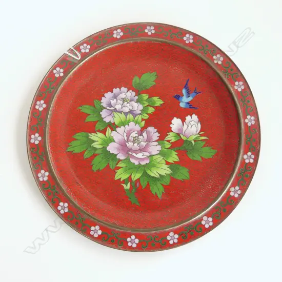 CHINESE CLOISONNE RED GROUND DISH chrysanthemum& bird Dia.280mm
