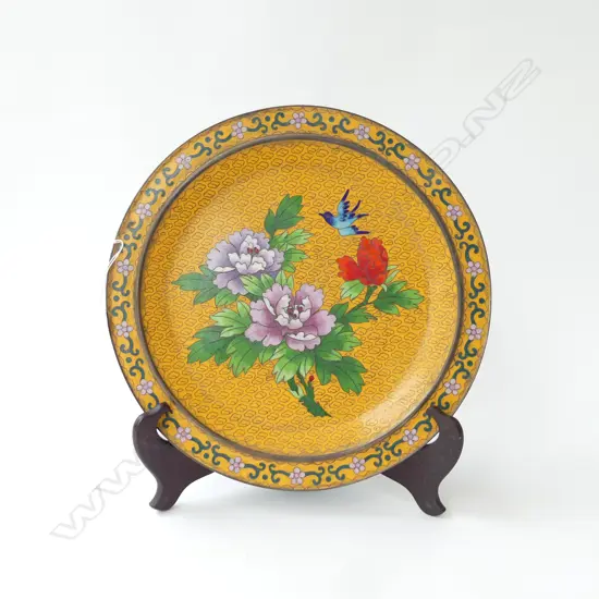 CHINESE CLOISONNE YELLOW GROUND DISH chrysanthemum& bird Dia.280mm on stand 