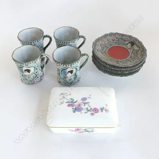 WEDGWOOD TRINKET BOX & SET 4 VINTAGE JAPANESE PORCELAIN CUPS & SAUCERS