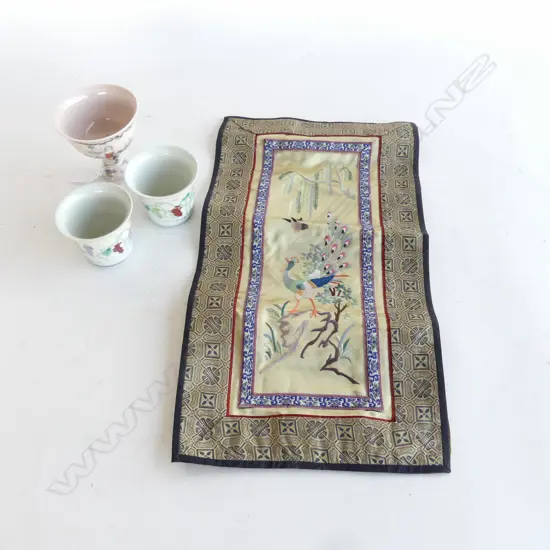 3 PCES CHINESE DUCAI; 2 CUPS & STEMMED BOWL, EMBROIDERY PANEL 430x230mm
