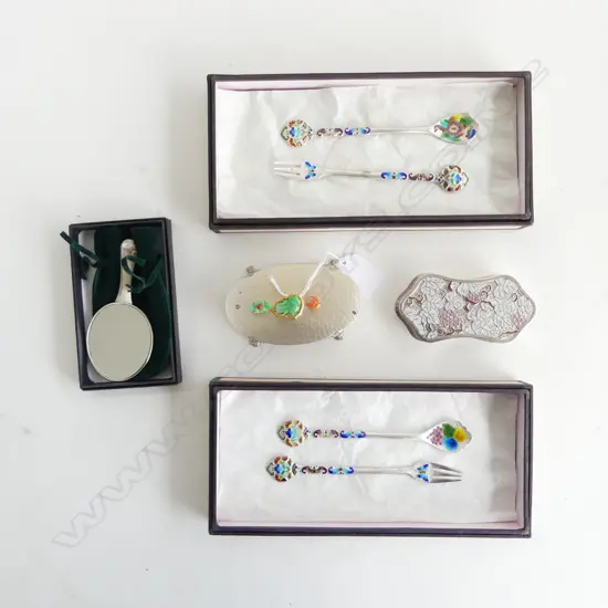 5 ORIENTAL ITEMS, SOME MARKED AS SILVER, 2 CONTAINERS, 2 PRS CUTLERY, MIRROR