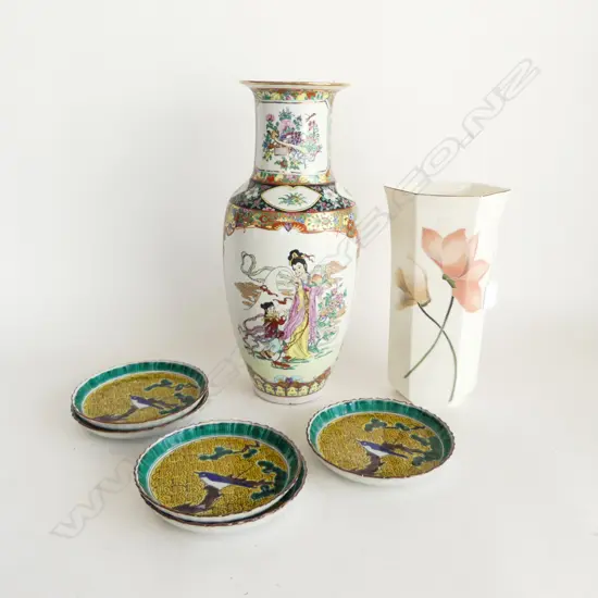 CHINESE VASE H.375mm rim repaired, JAPANESE VASE H.265mm, 5 CHINESE PLATES 160mm dia