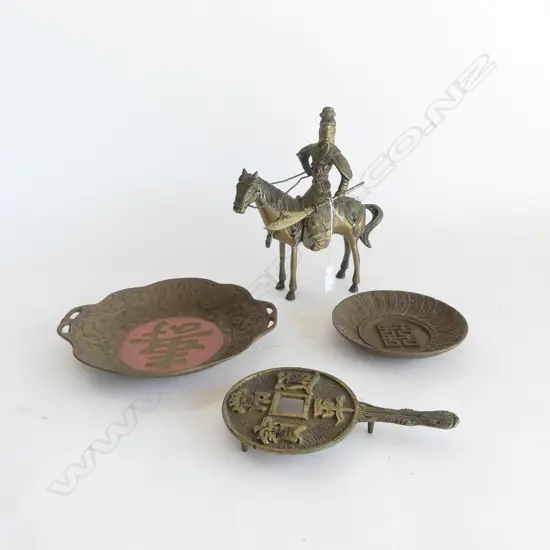 4 PCS ORIENTAL BRASS; FIG ON HORSEBACK, TRIVET & 2 DISHES  
