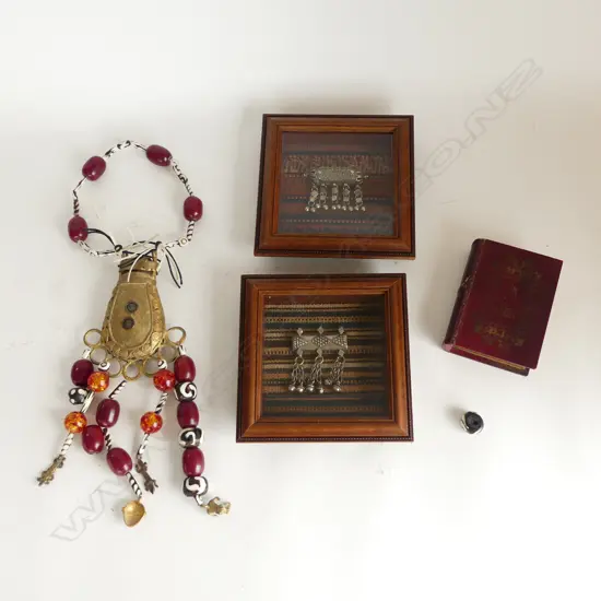2 FRAMED METAL PENDANTS, NECKLACE, 'BOOK' BOX