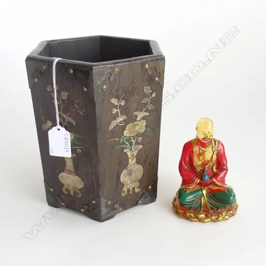 CHINESE MOP INLAID BRUSH POT H190MM & MOULDED GLASS BUDDHA